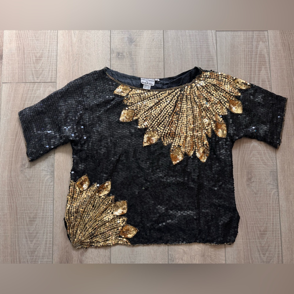 Vintage Black & Gold Sequin Embellished Women's Blouse 80s Avant Garde Sz M